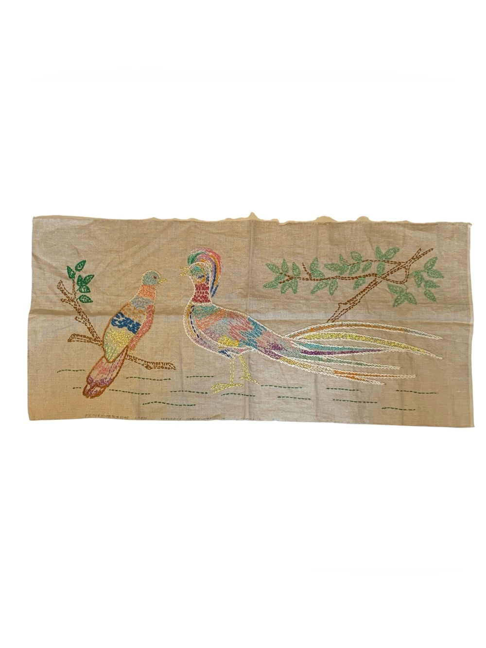 Vintage Hand Embroidered Linen Silk Birds Tapestry Frederick Herrschner 25x11